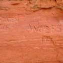 Large Graffiti Carved Into Famous Red Rock at Arches National Park